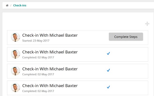 The Check-ins page listing one check-in in progress with a Complete Steps button and completed check-ins below it
