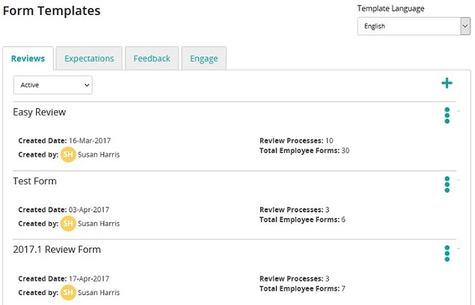 The Form Templates page with Reviews, Expectations, Feedback and Engage tabs and a list of review form templates