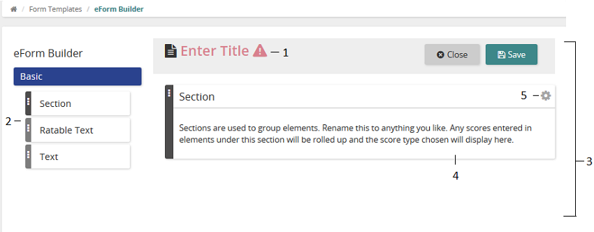 The eForm Builder with Section, Ratable Text and Text elements on the left and a Section on the canvas, numbered 1 to 5