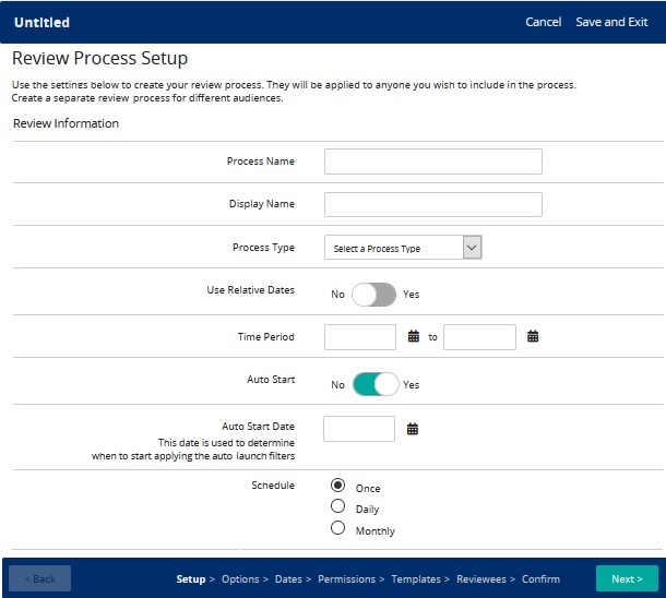 The Review Process Setup wizard Setup step with Process Name, Display Name, Process Type and Schedule options