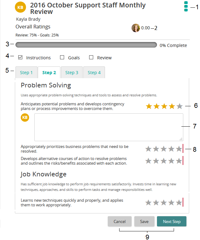 The Review Form page with the Step 2 tab open and numbered callouts on the menu, ratings, comment box and buttons
