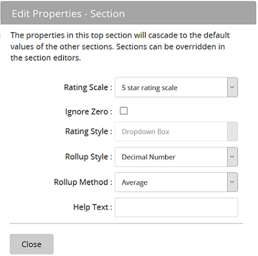 The Edit Properties - Section dialog with Rating Scale, Ignore Zero, Rating Style and Rollup options