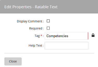 The Edit Properties - Ratable Text dialog with Display Comment, Required, Tag and Help Text options