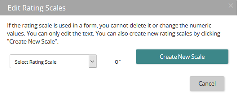 The Edit Rating Scales dialog with a Select Rating Scale list and a Create New Scale button