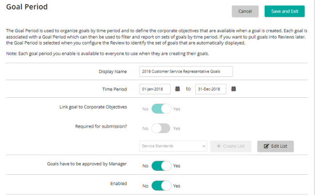 The Goal Period page with Display Name and Time Period fields and Yes/No toggles for goal settings