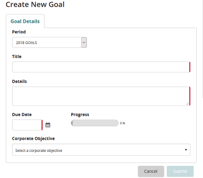 The Create New Goal page with Period, Title, Details, Due Date, Progress and Corporate Objective fields