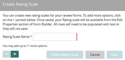 The Create Rating Scale dialog with a Rating Scale Name field and add and remove option buttons
