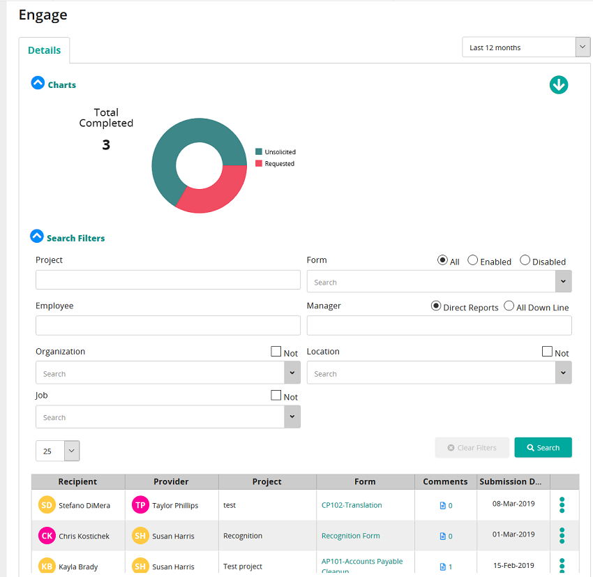 The Engage dashboard Details tab with a donut chart, search filters and a table of feedback