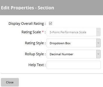 The Edit Properties - Section dialog with Display Overall Rating, Rating Scale, Rating Style and Rollup Style options