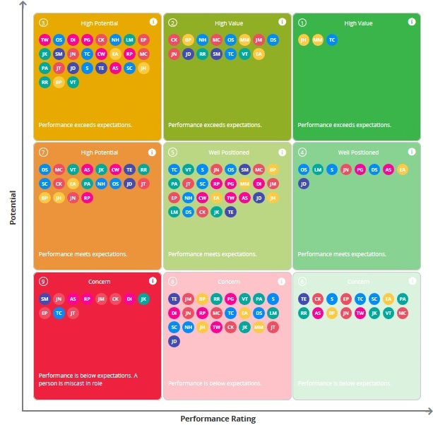 A 9-Box grid with Potential up the side and Performance Rating along the bottom, holding employee initials in nine boxes