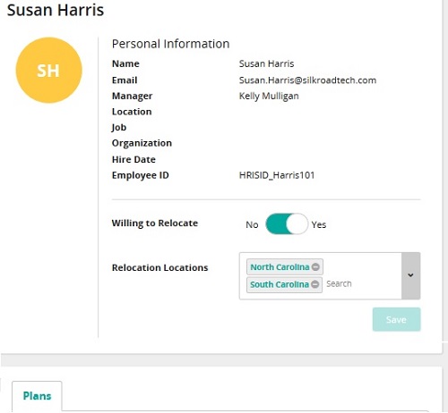 A talent profile with Personal Information, a Willing to Relocate toggle, Relocation Locations and a Plans tab