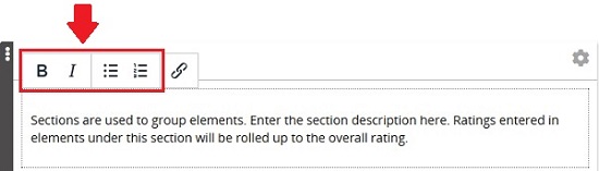 The Section description editor with the bold, italic, bulleted list and numbered list buttons highlighted