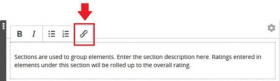 The Section description editor with the link button highlighted