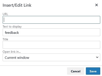 The Insert/Edit Link dialog with URL, Text to display, Title and Open link in fields