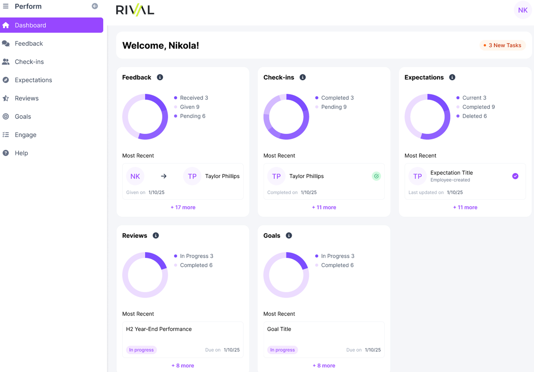 The Perform Dashboard with summary cards for Feedback, Check-ins, Expectations, Reviews and Goals