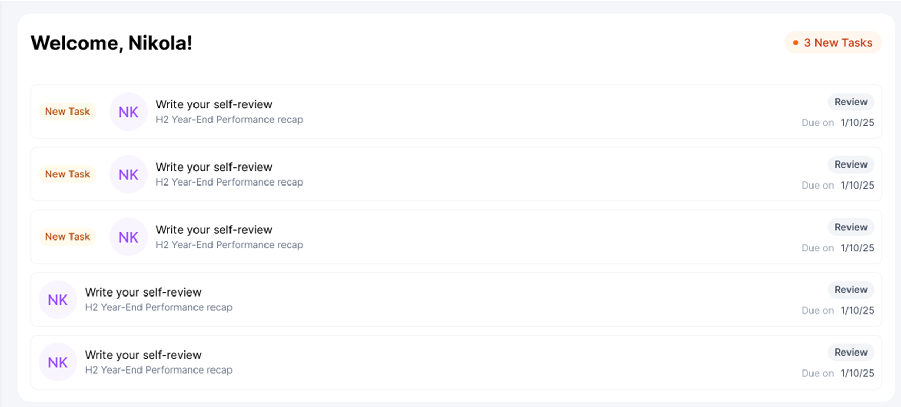 The Dashboard welcome panel with a 3 New Tasks badge and a list of Write your self-review tasks