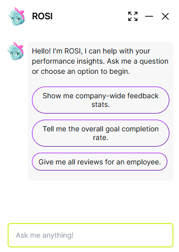 The ROSI chat window with a greeting, three suggested questions and an Ask me anything box