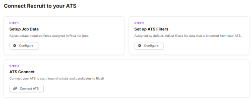 Connect Recruit to your ATS page showing three setup steps: Setup Job Data, Set up ATS Filters, and ATS Connect.