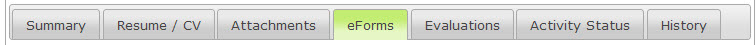 The candidate profile tabs, from Summary to History, with the eForms tab selected