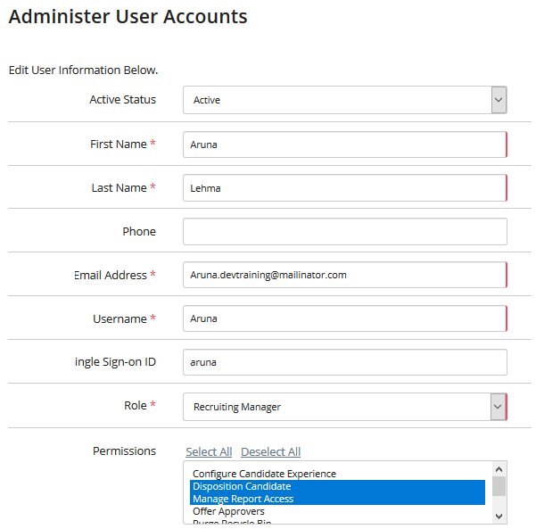 The Administer User Accounts page with user details fields, a Role drop-down and a Permissions list