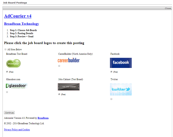 The Job Board Postings window at Step 1: Choose Job Boards, showing job board logos with checkboxes