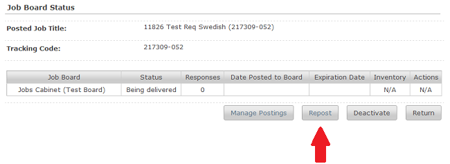 The Job Board Status page with a red arrow pointing to the Repost button