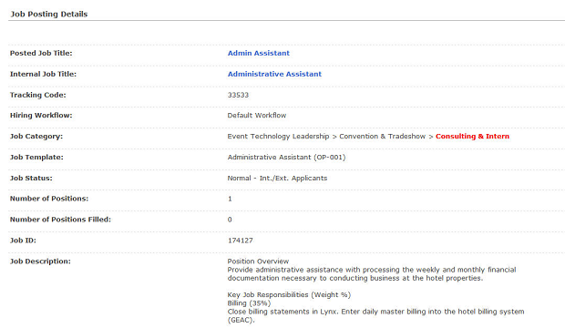 The Job Posting Details page listing fields such as Posted Job Title, Tracking Code, Job Status and Job Description