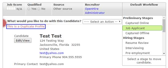 A candidate profile with the 'This is a Duplicate Profile' message outlined in blue