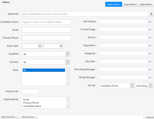 The candidate search Filters panel with Keywords, Candidate Name, Job Posting, Current Stage and other filters