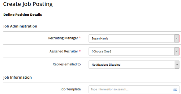 The Create Job Posting page showing the Job Administration and Job Information sections