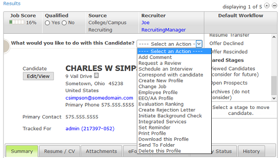 A candidate profile with the Select an Action drop-down open, listing actions such as Add Comment