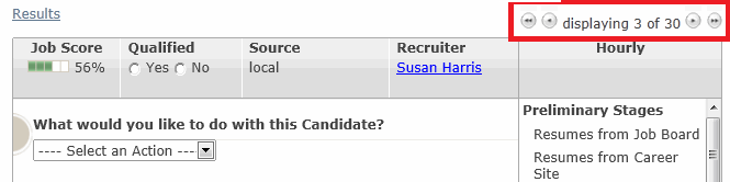 A candidate profile header with the record pager, displaying 3 of 30, highlighted by a red box