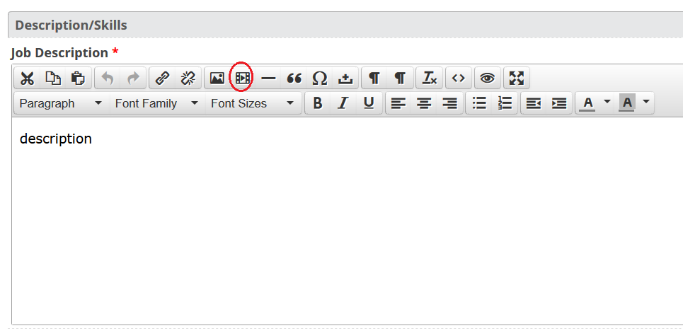 The Job Description editor toolbar with the insert video button circled in red