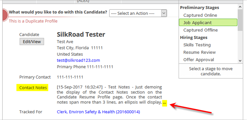 The candidate profile with the Contact Notes label highlighted and an arrow pointing to the ellipsis after the notes