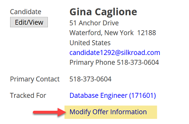 A candidate profile with Modify Offer Information highlighted and a red arrow pointing to it
