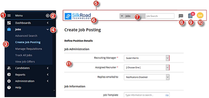 The Create Job Posting page with numbered callouts on the menu, top bar, search box and form