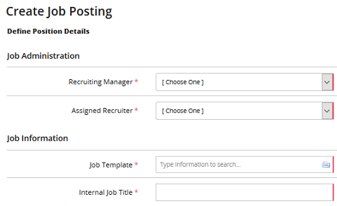 The top of the Create Job Posting form with Job Administration and Job Information fields