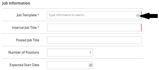 The Job Information section with an arrow pointing to the type-ahead icon in the Job Template field