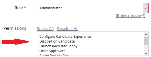 The Role field set to Administrator, with an arrow pointing to the Permissions list