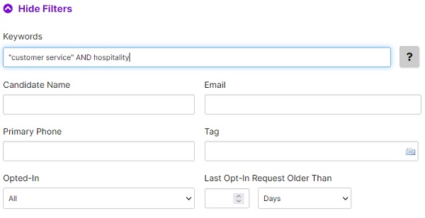The candidate search filters with a keyword search entered, plus Candidate Name, Email, Primary Phone and Tag fields