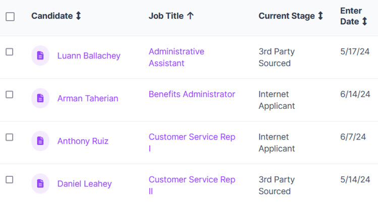 A candidate search results table with Candidate, Job Title, Current Stage and Enter Date columns
