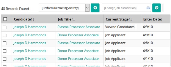 A results list of 48 records with Candidate, Job Title, Current Stage and Enter Date columns