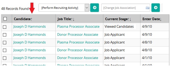 The results list with a red arrow pointing to the sort arrow on the Candidate column heading