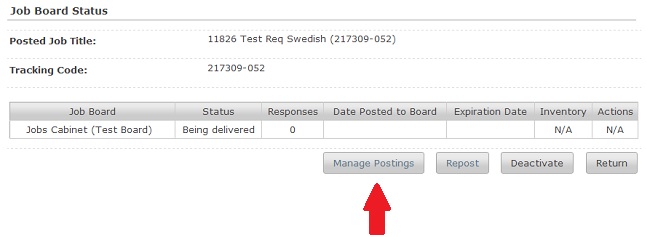 The Job Board Status page with a red arrow pointing to the Manage Postings button