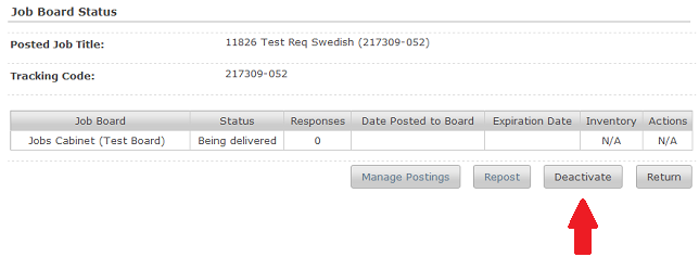 The Job Board Status page with a red arrow pointing to the Deactivate button