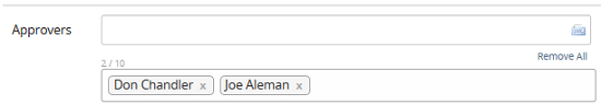 The Approvers field with two approvers added as tags and a Remove All link