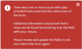 A red error message saying the form could not be submitted and to review the fields in red