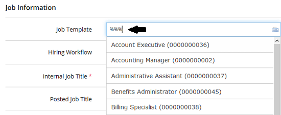 The Job Template type-ahead field with an arrow pointing to the typed text and a list of job templates below