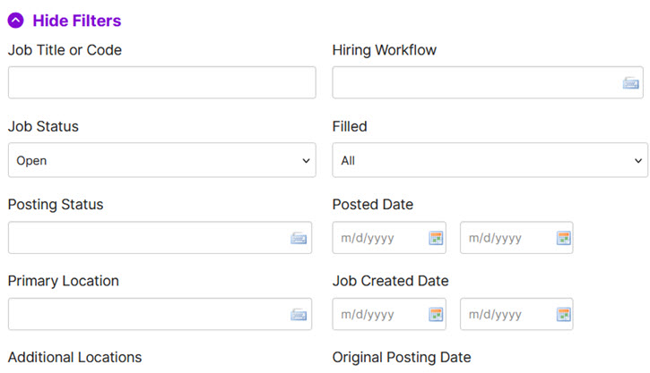 The job search filters, including Job Title or Code, Hiring Workflow, Job Status, Posting Status and date fields