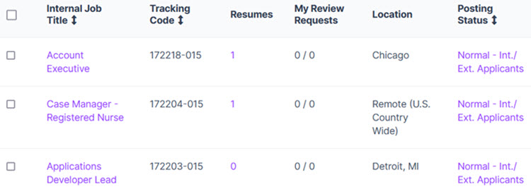 A job search results table with Internal Job Title, Tracking Code, Resumes, Location and Posting Status columns